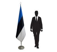 Drapeau Estonie avec mât et pied - pour représentations diplomatiques, ambassades, ministères, universités, écoles. Diamètre pied Ø 360mm, inox finition argentée, hampe pointe lance. Code CN2-EE-L