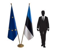 Drapeau Estonie et Union Européenne avec pied et mâts - pour cérémonies diplomatiques, représentations officielles. Pied Ø 360mm, inox finition dorée, hampe pointe ronde. Code CN8-EU-EE