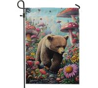 Drapeau fantaisie de jardin forestier printemps été bannière extérieure champignons ours marron fleurs bannière extérieure double face décoration de maison cour 30,5 x 45,7 cm