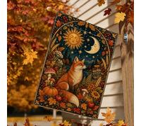 Drapeau fantaisie renard d'automne céleste jardin maison 71,1 x 101,6 cm | Soleil céleste et lune, drapeau de pelouse, feuillage de forêt d'automne, champignons et citrouilles