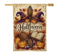 Drapeau fantaisie sorcière Halloween Balai Maison 71,1 x 101,6 cm | Chapeaux de sorcière, drapeau de cour, jack-o'-lanternes, livres de sorts, feuilles d'érable d'automne, potions magiques