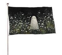 Drapeau fantôme mignon dans un champ de fleurs sauvages blanches, 9,5 x 1,5 m, bannière décorative pour cour, porche, pelouse, ferme