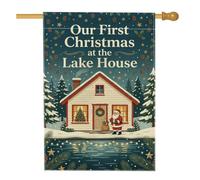 Drapeau First Christmas At The Lake House 71,1 x 101,6 cm | Illustration du Père Noël, drapeau de pelouse, scène de cabane enneigée, paysage d'hiver, cadeau de nouveau propriétaire