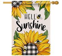 Drapeau Flag Décoratif De Maison « Bonjour Soleil Printemps Été Tournesol », Motif Abeille Et Carreaux Buffalo Pour Jardin Fleuri Drapeau De Bienvenue Décoration Bannière, Pour Balcon, 30x45cm