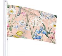 Drapeau floral 1,2 x 1,8 m Fleurs de tulipes de printemps Narcisse Rose Freesia Bleu Iris Aquilegia Feuille Drapeaux d'extérieur Grandes bannières de bienvenue pour la maison, le jardin, la pelouse
