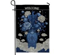 Drapeau floral bleu élégant pour jardin, pivoine et oiseau mystérieux - Bannière de décoration d'intérieur double face en toile de jute - 30,5 x 45,7 cm