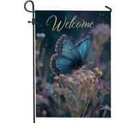 Drapeau floral de bienvenue avec papillons bleus et fleurs sauvages, décoration extérieure, drapeau de pelouse double face pour décoration de printemps et d'été, 30,5 x 45,7 cm