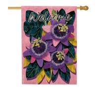 Drapeau floral de bienvenue, fleurs de passion violettes et feuilles, bannière de décoration d'intérieur double face en toile de jute pour les fêtes de printemps et d'été, 71,1 x 101,6 cm