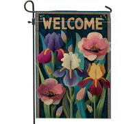 Drapeau floral de bienvenue, iris coloré et orchidée, décoration de cour extérieure, bannière botanique printemps-été pour décoration de la maison, 30,5 x 45,7 cm