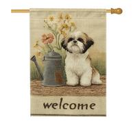 Drapeau floral de bienvenue pour le printemps et l'été, arrosoir beige Shih Tzu pour décoration d'intérieur, bannière double face en toile de jute pour extérieur, cour, vacances, fête, pelouse