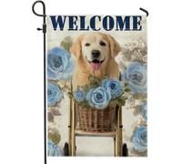 Drapeau floral de jardin avec chien de bienvenue, décoration extérieure en jute avec roses bleues, bannière de cour des deux côtés, pour printemps été et décoration de la maison, 30,5 x 45,7
