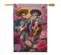 Drapeau floral de jardin, bannière de décoration d'intérieur avec squelette de musiciens, bannière double face en toile de jute pour décoration de pelouse de vacances, 71 x 101,6 cm