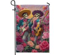 Drapeau floral de jardin, bannière de décoration d'intérieur avec squelette de musiciens, drapeau double face en toile de jute pour décoration de pelouse de vacances, 30,5 x 45,7 cm