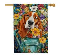 Drapeau floral de jardin printanier, chien coloré avec fleurs jaunes et multicolores, bannière de décoration d'intérieur, drapeau de cour double face, décoration de fête, 71 x 101,6 cm