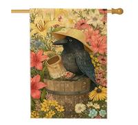 Drapeau floral de jardin printanier, corbeau coloré avec chapeau dans un parterre de fleurs, bannière de décoration d'intérieur, drapeau de cour double face en toile de jute, décoration de pelouse