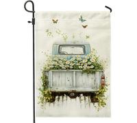 Drapeau floral de jardin printanier et été, bleu vintage, camion, marguerites, papillon, décoration d'intérieur, drapeaux de cour, toile de jute double face, décoration de pelouse extérieure, 30,5 x
