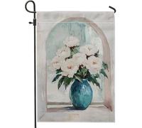 Drapeau floral de jardin printanier et été, fleurs de pivoine blanche, vase bleu, décoration d'extérieur, drapeau de cour double face, décoration de pelouse de fête de vacances, 30,5 x 45,7 cm