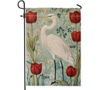Drapeau floral de jardin printanier et été, héron blanc élégant avec tulipes rouges, décoration de pelouse extérieure en tissu double face pour décoration d'intérieur, 30,5 x 45,7 cm