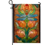 Drapeau floral de jardin printanier et été, libellule orange et tulipes - Bannière de jardin décorative double face pour fête de vacances, décoration de pelouse, 30,5 x 45,7 cm