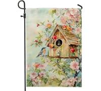 Drapeau floral de jardin printanier et été, maison à oiseaux bleu, décoration de pelouse extérieure, drapeau décoratif double face pour décoration d'intérieur, 30,5 x 45,7 cm