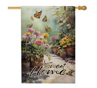 Drapeau floral de jardin printanier et été, papillon coloré et fleur, décoration d'intérieur extérieure, drapeau de cour double face, décoration de pelouse vibrante pour fêtes de fin d'année, 71 x