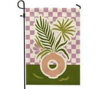 Drapeau floral de jardin printanier et été, plantes en pot à carreaux violets, décoration extérieure, drapeau de cour double face en toile de jute pour usage domestique, décoration de pelouse vibrante