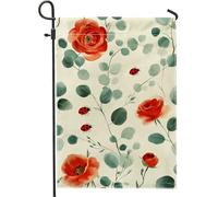 Drapeau floral de jardin printanier et été, rose rouge, coccinelle, drapeau de décoration extérieure, drapeau double face en toile de jute pour la maison et le jardin, décoration saisonnière de