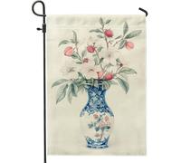 Drapeau floral de jardin printanier et été, vase bleu et blanc avec fleurs et fraises, drapeau de cour double face en toile de jute, décoration extérieure, décoration florale saisonnière 30,5 x 45,7