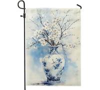 Drapeau floral de jardin printanier et été, vase en céramique bleu avec fleur de cerisier, décoration extérieure, drapeau double face en toile de jute pour décoration de jardin de maison, 30,5 x 45,7