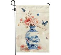 Drapeau floral de jardin printanier et été, vase vintage bleu avec fleurs et papillon, décoration extérieure, drapeau de cour double face en toile de jute pour décoration de pelouse, 30,5 x 45,7 cm
