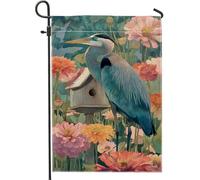 Drapeau floral de jardin printanier, héron bleu, nichoir zinnia, décoration extérieure, bannière double face pour fête de vacances, décoration de pelouse, 30,5 x 45,7 cm