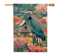 Drapeau floral de jardin printanier, héron bleu, nichoir zinnia, décoration extérieure, bannière double face pour fête de vacances, décoration de pelouse, 71 x 101 cm