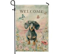 Drapeau floral de jardin printanier, teckel, papillon, fleurs, décoration extérieure, cour, bannière double face en toile de jute, décoration d'intérieur, fête, terrasse, 30,5 x 45,7 cm