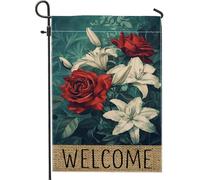 Drapeau floral de jardin, roses rouges et lys blancs - Décoration extérieure printemps été - Drapeau de bienvenue double face en toile de jute - Décoration de pelouse de vacances - 30,5 x 45,7 cm