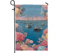 Drapeau floral de jardin, scène de l'océan bleu avec voiliers et fleurs colorées, drapeau de cour double face en toile de jute pour décoration extérieure printemps-été, 30,5 x 45,7 cm