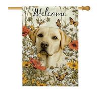 Drapeau floral de jardin « Welcome Spring » - Fleurs et papillons de laboratoire jaunes - Décoration extérieure - Bannière double face en toile de jute pour la maison et le jardin - Décoration de
