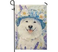 Drapeau floral d'été pour chien, chapeau de fleurs de samoyède bleu, décoration de la maison, drapeaux de jardin, drapeau en toile de jute double face, décoration de pelouse extérieure, 12 x 18