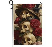 Drapeau floral gothique de jardin, roses rouges et crânes, bannière double face en toile de jute pour fête d'Halloween, décoration de pelouse, 30,5 x 45,7 cm