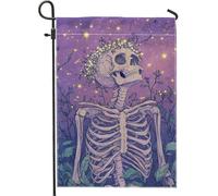 Drapeau floral squelette de jardin, squelette humain violet avec fleurs, décoration d'intérieur, bannière de pelouse, drapeau de cour double face en toile de jute, décoration extérieure d'Halloween