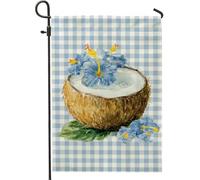 Drapeau floral tropical de noix de coco, fleurs d'hibiscus bleu, bannière de décoration d'intérieur, drapeau vichy double face, décoration de pelouse d'été, 30,5 x 45,7 cm