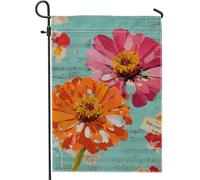Drapeau floral vibrant de jardin, bannière de décoration d'intérieur en zinnia pêche et orange, drapeau double face en toile de jute pour décoration de pelouse extérieure de printemps, 30,5 x 45,7 cm