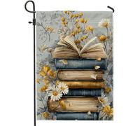 Drapeau floral vintage de jardin, pile de livres jaunes et bannière de décoration d'intérieur, drapeau double face en toile de jute pour décoration de pelouse de printemps, été, extérieur, pelouse