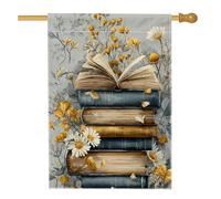 Drapeau floral vintage de jardin, pile de livres jaunes et bannière de décoration d'intérieur, drapeau double face en toile de jute pour décoration de pelouse extérieure, printemps, été, 71,1 x 101,6