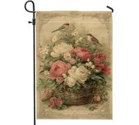 Drapeau floral vintage de jardin, pivoine et oiseau - Bannière double face en toile de jute - Décoration extérieure de printemps - 30,5 x 45,7 cm