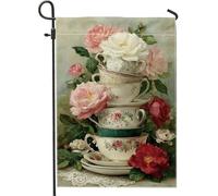 Drapeau floral vintage pour jardin, pêche, roses blanches, bannière de décoration d'intérieur, drapeau double face en toile de jute, décoration extérieure 30,5 x 45,7 cm