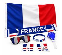 Drapeau Francais 90x150cm Kit Supporter Tricolore France - Lot d'Accessoires Bleu Blanc Rouge avec, Écharpe, Lunettes Amusantes - Panoplie Complète pour Fête Sportive, Match et Événements