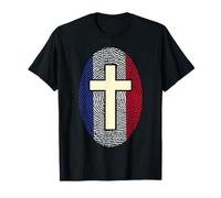 Drapeau France Empreinte Digitale Croix chrétienne Patriotique T-Shirt
