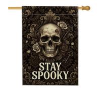 Drapeau gothique avec citation effrayante Crâne Halloween 71 x 101 cm | Fond damassé gothique, drapeau de cour, accents de roses vintage, cadre baroque orné, texture lin résistant aux intempéries