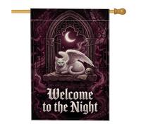 Drapeau gothique avec citation fantaisie chat ailé Halloween 71 x 101 cm | Architecture gothique, drapeau de cour, croissant de lune, atmosphère mystique, art fantastique, panneau de cour extérieur