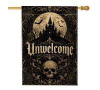 Drapeau gothique avec citation sarcastique et tête de mort 71 x 101 cm | Silhouette de château hanté, drapeau de cour, fond pleine lune, cadre orné gothique, décoration saisonnière effrayante